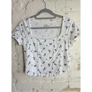 Hollister Floral Baby Tee Cropped Top Blue White Fitted Square Neck L Fairy